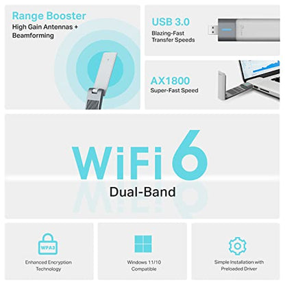 TP-Link AX1800 WiFi 6 USB Adapter for Desktop PC (Archer TX21UH) Wireless Network Adapter with 2.4GHz, 5GHz, MU-MIMO, OFDMA, High Gain Dual Band 5dBi Antenna, WPA3, Supports Windows 11/10 - style: AX1800, Wi-Fi 6