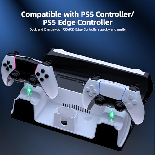 JOYTORN PS5 Vertical Stand with Cooling Fan and Dual Controller Charger Station for PlayStation 5/Slim Console, PS-5 Accessories with Headset Hooker,14 Game Rack Storage, Media Remote Organizer