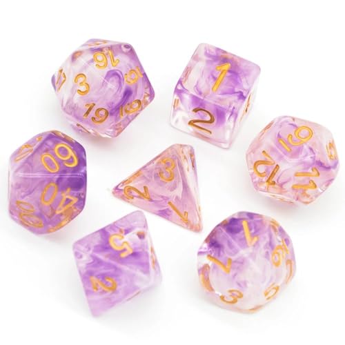UDIXI Resin DND Dice Set 7PCS Polyhedral D&D Dice for Role Playing Game | Purple White Colors, Dreamy Effect, Velvet Dice Bag Packaging, for Dungeons and Dragons Role Playing Games and Tabletop Games - color: S-purple and White