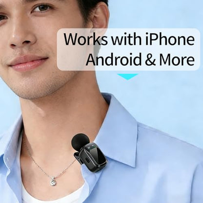 Wireless Clip-on Microphone System - Dual Lavalier Mics for TikTok, Vlog, Live Streaming, Interview, Compatible with Phone/Camera/PC, Auto Pairing, 8H Playtime per Mic