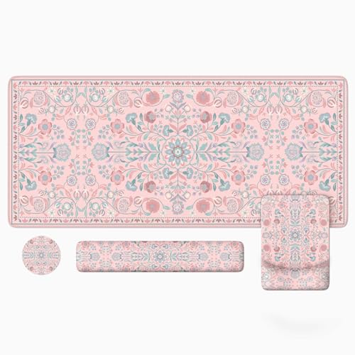iLeadon Pink Desk Mat Set, Ergonomic Mouse Pad with Wrist Rest | Non-Slip Base Gaming Mouse Pad with Keyboard Wrist Pad, Anti-Fatigue Desk Mat with Wrist Support for Office Home - color: Pink