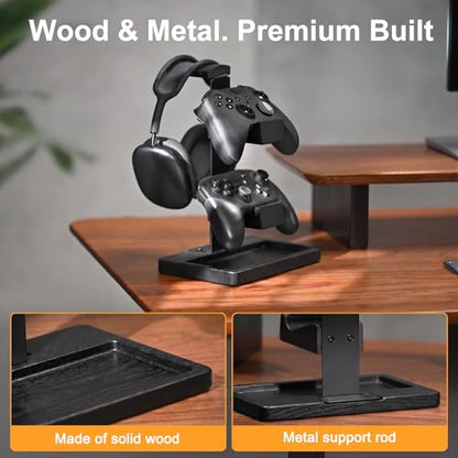 Solid Wood Controller Holder and Headphone Stand, Controller Stand for Desk | Dual Gaming Controller Organizer Rack, Fits Xbox, PS4, PS5, Gamepad, Headset Holder for Son, Husband, Boyfriend-Black