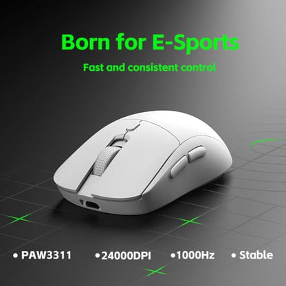 Wireless Gaming Mouse, 2.4G/USB-C/BT Wireless Mouse with 800mAh Battery, Adjustable 24,000 DPI & 1000 Polling Rate, PAW3311 Sensor, RGB Lighting, Programmable Buttons, for Win/Mac