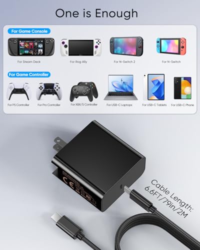 65W Fast Charger for Steam Deck & Nintendo Switch 2 with 6.6FT(2M) Cable - PD3.0 Foldable AC Adapter for ROG Ally, Switch 2 Charger Support TV Dock PS Console[Original Steam Deck Charger Replacement] - size: 6.6FT