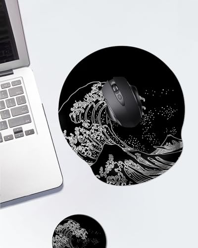 Mouse Pad with Wrist Support, Ergonomic Mouse Pad with Memory Foam Wrist Rest Cushion, Non-Slip Rubber Base Gaming Mice Pad for Home Office Computer Laptop,Japanese Wave - color: Japanese Wave