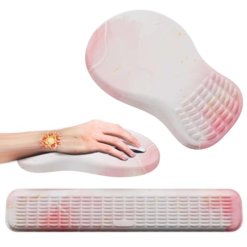 MEKASS Ergonomic Mouse Pad and Keyboard Wrist Rest Set, Super Soft Memory Foam Desk Wrist Support for Computer Keyboard, Non-Slip Arm Palm Rests Cushion for Typing Gaming Office (Light Pink Marble) - color: Mk09-light Pink Marble