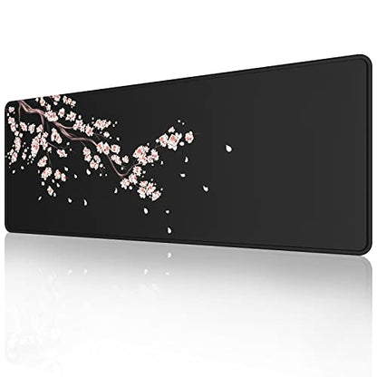 ETZ Japanese Plum Blossoms Black Mouse Pad XL, 31.5 x 11.8, 1 Pack | Extended Desk Mat, Stitched Edges, Non-Slip Rubber Base, Artistic Floral Design, Waterproof Surface, Smooth Gaming Tracker - color: Plum Blossom Mouse Pad-1
