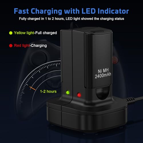 KEKUCULL Rechargeable Battery for Xbox 360 Controller, Charger Dual Charging Station Dock with 2 Pack Rechargeable Battery Compatible with Xbox 360 - color: Black