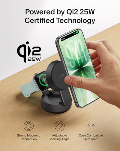 Belkin Qi2.2 25W Wireless 2 in 1 iPhone Charger, Fast Charging for Travel | Fast Charging, MagSafe Compatible, iPhone 17/16/15, Apple Watch, Travel Charger, Magnetic - color: Black, style: 2 in 1
