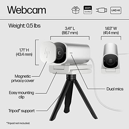 HP 960 4K Streaming Webcam - 4K 30 FPS/1080p 60 FPS Computer Camera & Dual Mics, Noise Reduction, & Privacy Cover - Zoom Certified - Swivel/Tilt Adjust - Color Correction, AF & Framing (695J6AA#ABL)