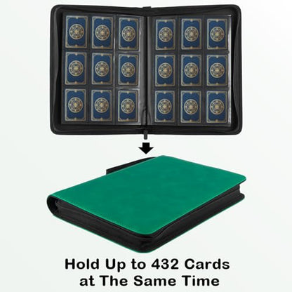 Prilino Ringless Trading Card Binder, 9 Pocket, 432 Storage Capacity, Green | Premium Double-Sided PU Leather & Side Load Design, Smooth Page Turning, Tight Zip Closure, Conveniently Fits Sleeved Cards - color: Green