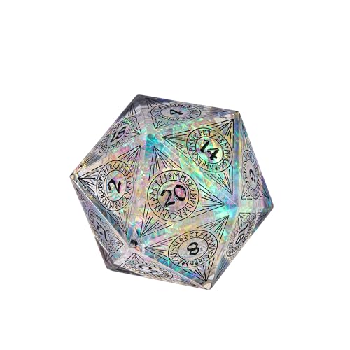 Cusdie Single D20 DND Dice with Sharp Edges and Glitter Foil Inclusions, 33mm Handcrafted 20 Sided D&D Dice, for Role Playing Game(Transparent w/Black Pattern) - color: Transparent W/Black Pattern