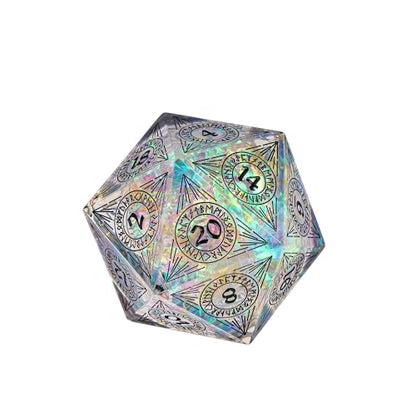 Cusdie Single D20 DND Dice with Sharp Edges and Glitter Foil Inclusions, 33mm Handcrafted 20 Sided D&D Dice, for Role Playing Game(Transparent w/Black Pattern) - color: Transparent W/Black Pattern