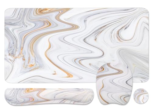 Keyboard Wrist Rest Large Mouse Pad Wrist Support for Computer, 4 in 1 Memory Foam Keyboard Pad Desk Mat Ergonomic Hand Rest Wrist Cushion for Home Office Gaming-White Marble - color: White Marble