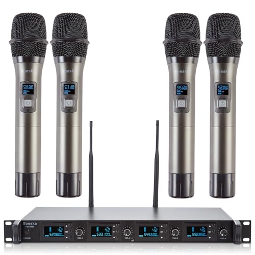 Wireless Microphone System, 4-Channel UHF Wireless Mic, Fixed Frequency Metal Cordless Mic with 4 Handheld Dynamic Microphones, 200ft Range, Mics for Singing, Church (4 Handheld) - size: 4 Handheld