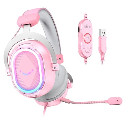 FIFINE AmpliGame H13P Wired RGB Gaming Headset for PC, Mac, PS4, PS5 | 50mm Drivers, 7.1 Surround Sound, Solid Metal Frame, AI Noise Canceling Mic, Game/chat Balance, for gaming/streaming - color: Pink