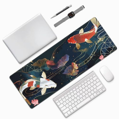 Gaming Mouse Pad Desk Pad,Extended Big Mouse Pad,31.5x11.8 Inch Long Computer Keyboard Mouse Mat Mousepad with 3mm Non-Slip Base and Stitched Edge for Gaming and Office… (koi) - color: Koi