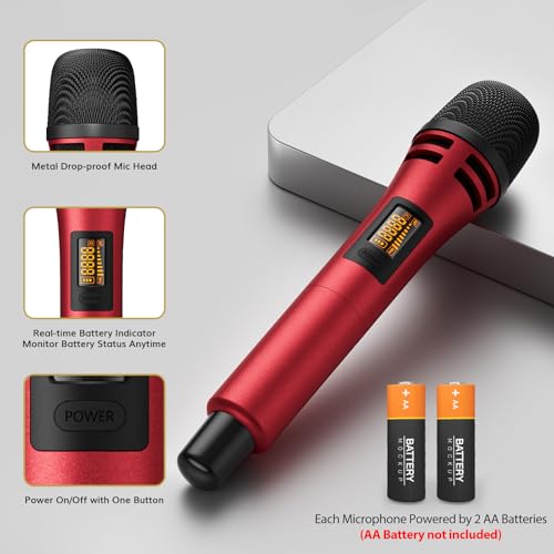 TONOR Wireless Microphones System with 4x10 Channels Cordless Handheld Microfono Inalambrico, UHF Mics with Stable Signal Transmission for Karaoke Singing Party Church Wedding 60 m/200ft Red - style: 4 Handheld Mics Grey&Red