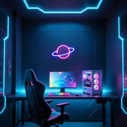 Planet Neon Sign for Wall Decor, Outer Space Night Light | USB or Battery Operated, Pink/Blue Planet Led Lighted Sign, for Bedroom, Gaming Room, Party Time, Kids Gifts