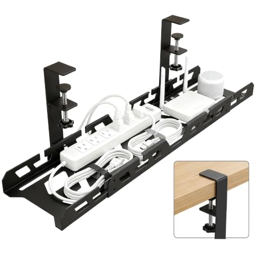 Under Desk Cable Management Tray 15.3-23.6 Inches Bidirectional Extendable Metal Cable Organizer with Clamp Mount, No Drill Wire Management System for Home Office & Gaming Desk(Black) - color: black