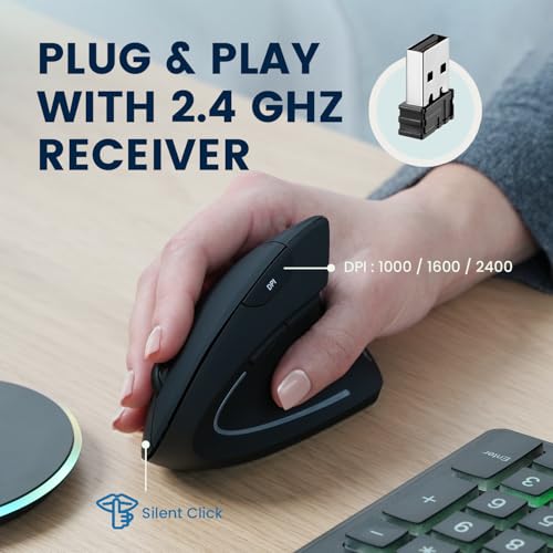 Perixx PERIMICE-713RX Wireless Rechargeable Vertical Mouse - Duo Wired and Wireless Charging Feature - Charging Pad Included - 6 Buttons Design - Black - Right-Handed Design - style: Wireless Rechargeable with Charging Pad