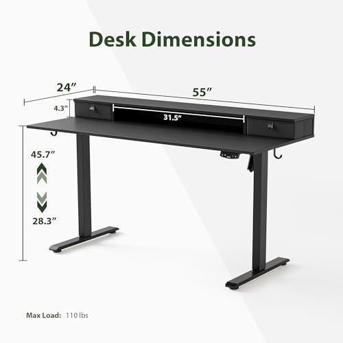 Agilestic 55 x 24 Inches Electric Standing Desk with 2 Storage Drawers, Stand Up Desk Adjustable Height, Sit and Stand Computer Table with Splice Board, Black - color: Black, size: 55 x 24 Inches with 2 drawers