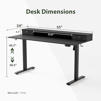 Agilestic 55 x 24 Inches Electric Standing Desk with 2 Storage Drawers, Stand Up Desk Adjustable Height, Sit and Stand Computer Table with Splice Board, Black - color: Black, size: 55 x 24 Inches with 2 drawers