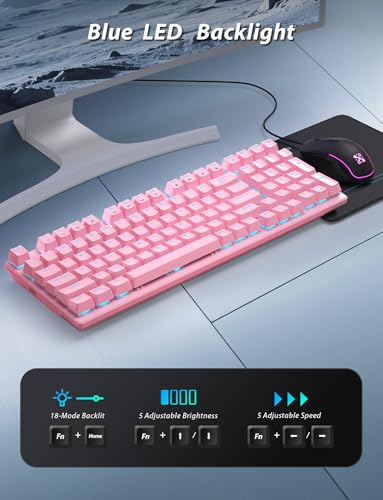 Mechanical Gaming Keyboard and Mouse, LED Backlit 98-Key Floating Keycap & 4 DPI RGB Gaming Mouse with Mouse Pad, Full Anti-Ghost Light Up Wired Computer Keyboards for MAC PC Gamer Accessories, Pink - color: Pink
