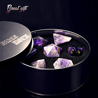 Natural Gemstone DND Dice Set,7 Pcs Amethyst Crystal Handmade Polyhedral D&D gem Dices with Gift Metal Box for Dungeons and Dragons MTG Role Playing Games Natural Stone d and d Dice - color: Amethyst