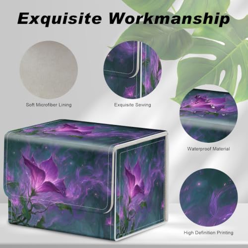 Magnetic Closure TCG Deck Box Portable Card Holder Trading Card Deck Box | PU Leather Collectible Card Case Game Trading Card Deck Box Storage Scratch Resistant Lining, Magical Purple Glowing Flower - color: Magical Purple Glowing Flower