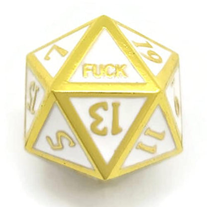 Metal D20 F Dice Critical Fail F 20 Sided Die Set DND Number for Role Playing Game Dungeons and Dragons D&D Black Gunmetal Silver Red Blue Gold Copper Purple Green White (Single Dice, White and Gold) - color: White and Gold, style: Single Dice