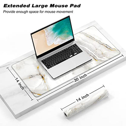 Extended Gaming Mouse Pad, XXL Large Desk Pad 30 x 14 Inch, Big Computer Keyboard Mousepad, Waterproof Mouse Mat with Stitched Edges and Non-Slip Base for Women Office Gaming, White Marble - color: White Marble