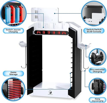 Switch Organizer Station with Controller Charger, Multifunctional Storage Stand for Nintendo Switch Dock with Controller Holder, Joy con Charging Dock and OLED Console