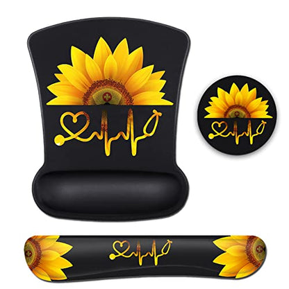 Mouse Pad Wrist Guard and Keyboard Wrist Rest, Ergonomic Wrist Protection Non-Slip Rubber Base Mouse Pad Sunflower and ECG Stethoscope Pattern, Personalized Fashionable Black Office Accessories - color: Jv-mouse Pad-11