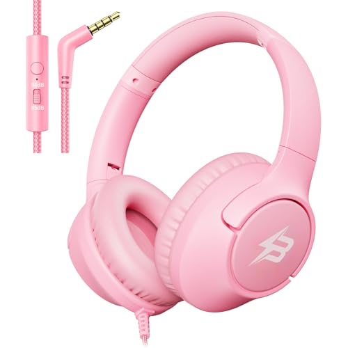 Kids Headphones with Microphone for School, 85/94 dB Volume Limit, Wired Over Ear Girls Headphones for Kids with Stereo Sound 3.5mm Wired Cord for Kindle Tablet Airplane Travel, Pink - color: Pink
