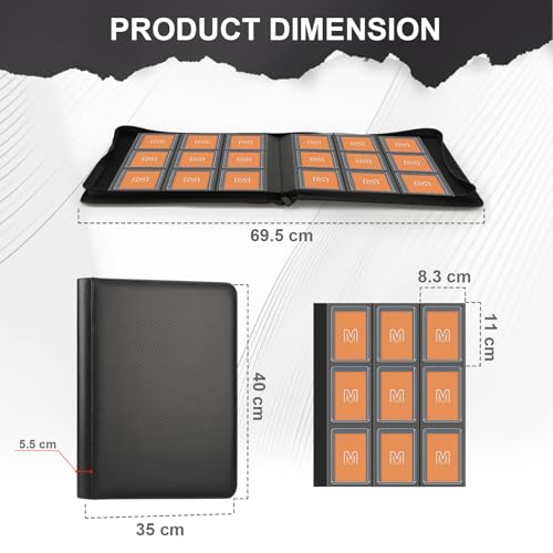 Toploader Binder, 9-Pocket 288 Cards Holder for 3"x4" Rigid Card Sleeves | Top Loader Binder with Sleeves Trading Card Binder for TCG,Sport Cards, PU Leather Cover, Side Loading (9 Carbon Fiber Black) - color: 9Carbon Fiber Black