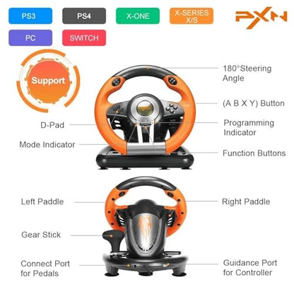 PXN V3 PRO Racing Wheel with Pedals for PC, Xbox, PS4, Switch | 11-Inch Wheel, Vibration Feedback, Paddle & Sequential Shifting, 180° Steering, 2-Pedal, Plug & Play Setup for Easy Gaming - color: Orange