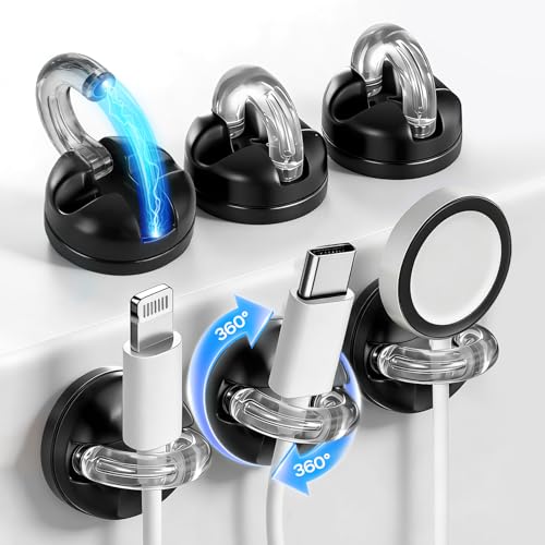 6 Pack 360° Rotatable Magnetic Cable Clips, Under Desk Cable Holder, Acrylic Adhesive Cord Holder, Wire Cord Organizer for Phone Charger Cords, Home Office Car Wall Desktop(Black) - color: 6 Pack-Black