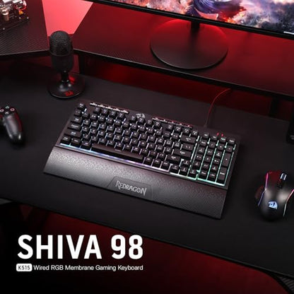 Redragon K515 Shiva Wired RGB Membrane Gaming Keyboard, 98 Keys Mechanical-Feel Keyboard w/Smooth Linear Switch, On-Board Macro & Dedicated Multimedia Keys, Detachable Wrist Rest, Software Supported - color: Black, size: 98 Keys