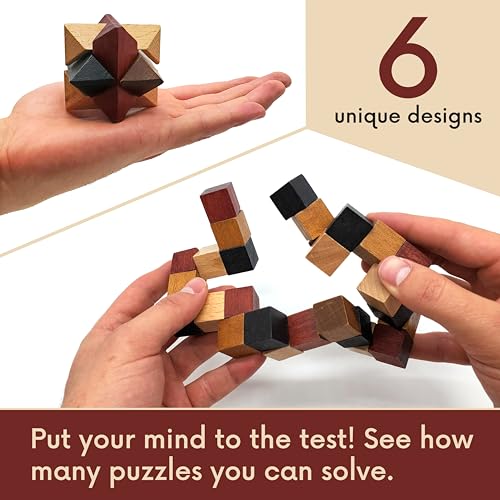 Wooden Brain Teaser Puzzles 6 Pack - 3D Brain Teasers for Adults & Kids - Educational and Fun Gift Ideas - Mind Puzzles