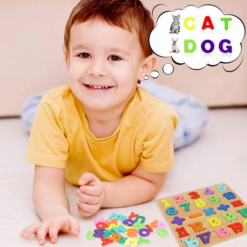 2 Pack Wooden Puzzles, Toddlers Alphabet Number Puzzles, ABC Learning Toys for Kids Ages 3-5, Preschool Learning Activities Gift Set for Boys & Girls