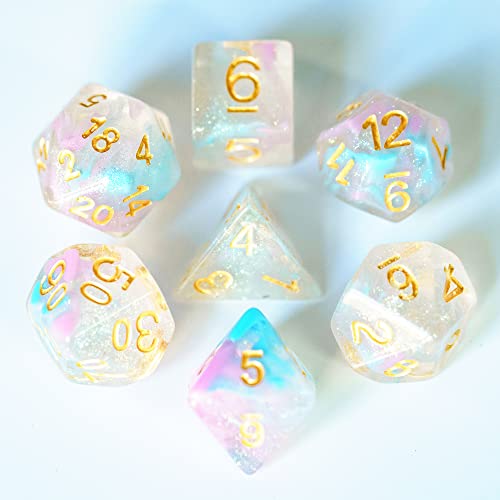 UDIXI Glitter DND Dice Set, Galaxy D&D Polyhedral Dice Set Iridecent Swirls | Pink & Cyan Colors, Gold Number, Velvet Dice Bag Packaging, for Dungeons and Dragons Role Playing Games and Tabletop Games - color: Pink Cyan