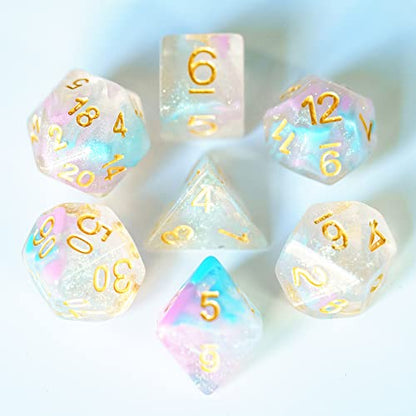 UDIXI Glitter DND Dice Set, Galaxy D&D Polyhedral Dice Set Iridecent Swirls | Pink & Cyan Colors, Gold Number, Velvet Dice Bag Packaging, for Dungeons and Dragons Role Playing Games and Tabletop Games - color: Pink Cyan