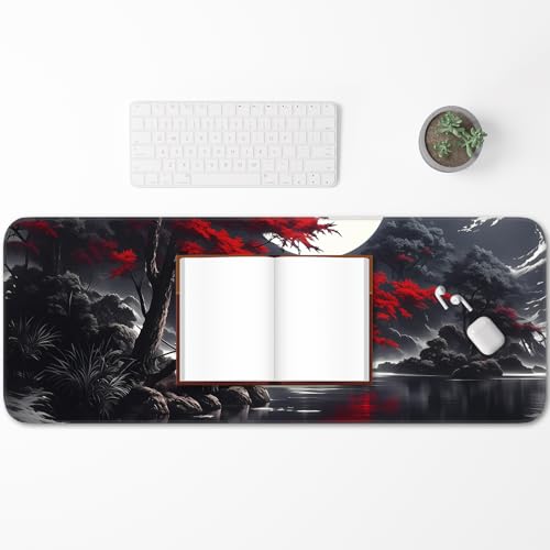 Japanese Dark Red Moon Gaming Mouse Pad, Extended Mouse Pad with Non-Slip Base, Full Keyboard Pad with Stitched Edges, Large Desk Pad for Gaming, Office, Home 31.5 x 11.8 Inch - color: Japanese style