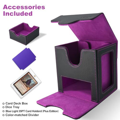 Commander Deck Box for MTG/PTCG/TCG - Patent Pending, Black Purple | Card Deck Box with Display Fits 100+ Double-Sleeved Cards, Magnetic Trading Card Box with Dice Tray & 35PT Card Holder - color: Black Purple