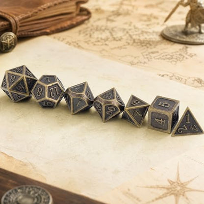 Haxtec Metal DND Dice Set, 7 Pcs Antique Polyhedral Dice for Table Games | Bronze D&D Dice with Leather Bag, Compatible with Dungeons and Dragons, Ancient Heavy Metallic, TTRPG Gifts for DND Lovers - color: Bronze