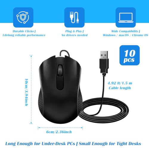 Wired Computer Mice 10 Pack Mini USB Silent Mouse Bulk, Ergonomic 3 Button Plug and Play Mice for Students Office School Home Remote Work PC