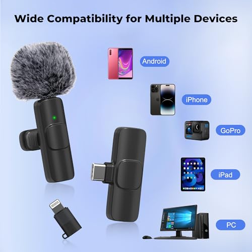 Wireless Microphone for iPhone, Android Wide Compatibility Noise Reduction Clear Sound Lavalier Microphone for Podcast, Video Recording, Live Streaming, YouTube, Tiktok, Vlog, 2 Pack