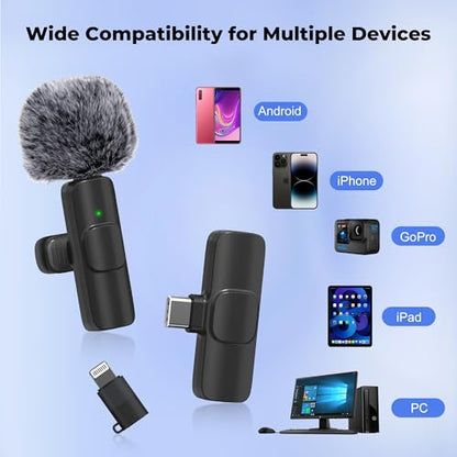 Wireless Microphone for iPhone, Android Wide Compatibility Noise Reduction Clear Sound Lavalier Microphone for Podcast, Video Recording, Live Streaming, YouTube, Tiktok, Vlog, 2 Pack