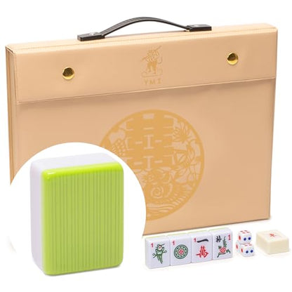 YMI Chinese Mahjong Set, “Aureum Spring” with 146 Tiles | A practical, portable Chinese Mahjong set with 146 tiles, dice, and wind indicator. Champagne vinyl case with gold accents. - color: Apple Green